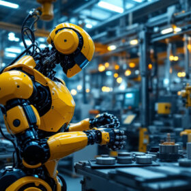 A photograph of a modern industrial robot in action within a manufacturing environment