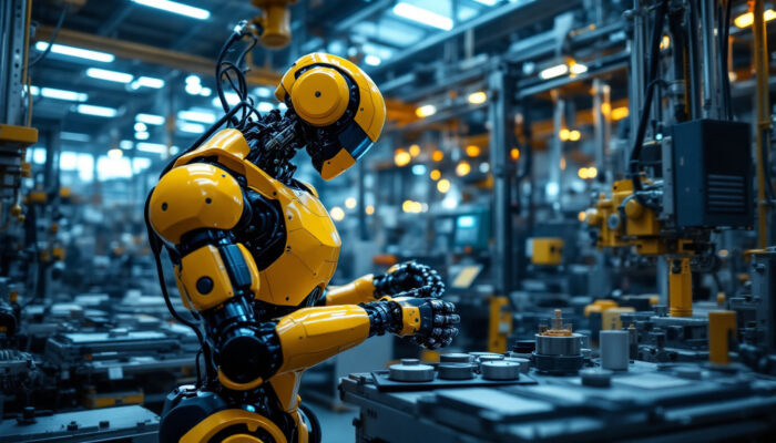 A photograph of a modern industrial robot in action within a manufacturing environment