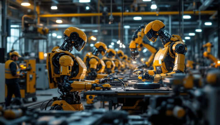 A photograph of a bustling industrial environment showcasing various types of industrial robots in action