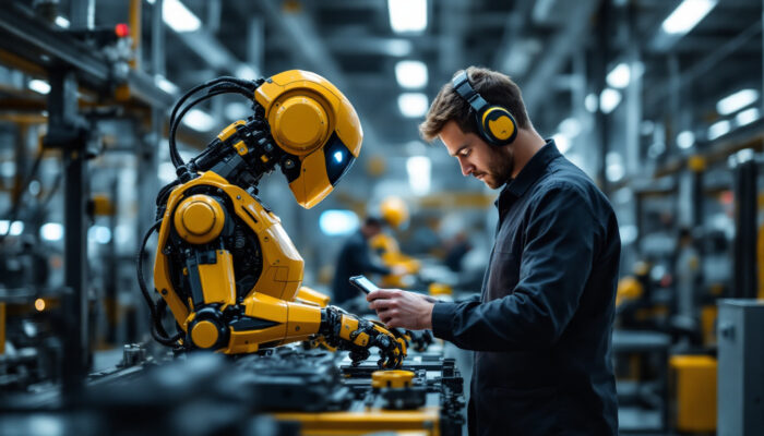 A photograph of a collaborative robot working alongside a human operator on a manufacturing assembly line