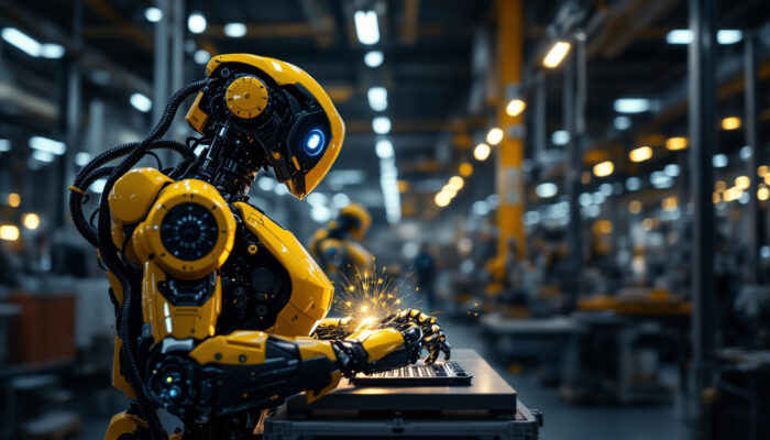 A photograph of a sleek industrial robot in action