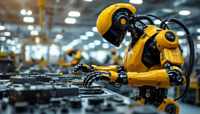 A photograph of a sleek industrial robot in action within a modern manufacturing facility