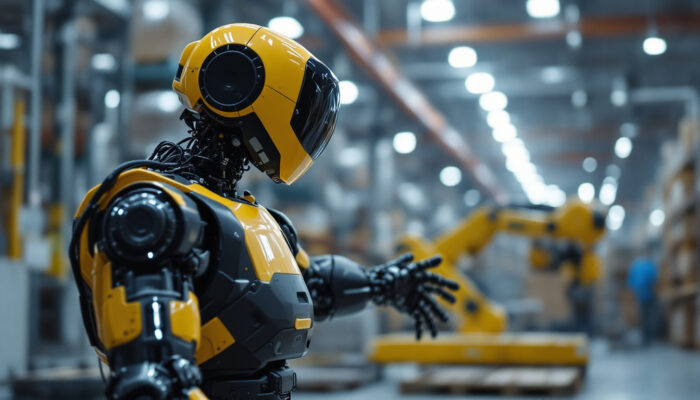 A photograph of capture a photograph of a mobile industrial robot in action within a warehouse setting