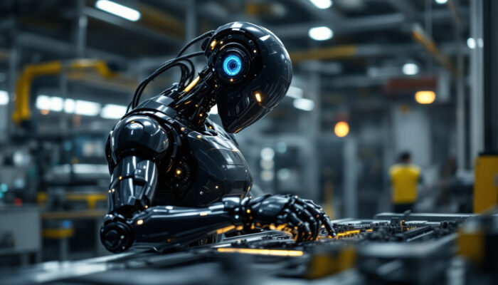A photograph of a sleek industrial robot in action within a modern manufacturing environment