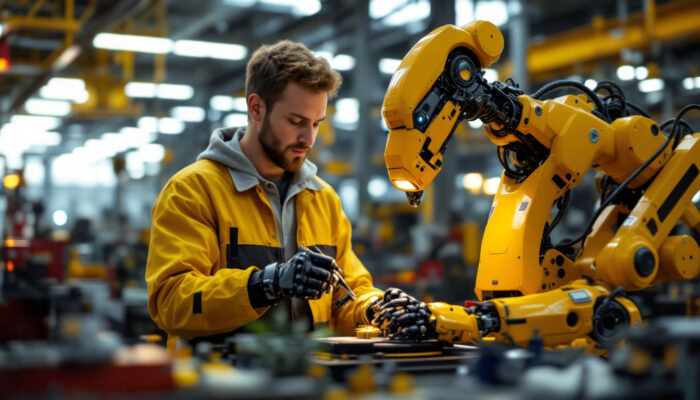 A photograph of a collaborative scene where a human worker and an industrial robot are engaged in a task together