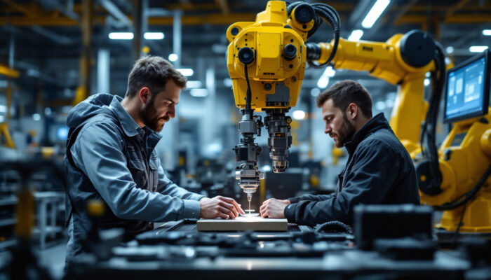 A photograph of a dynamic industrial robotics workspace in massachusetts