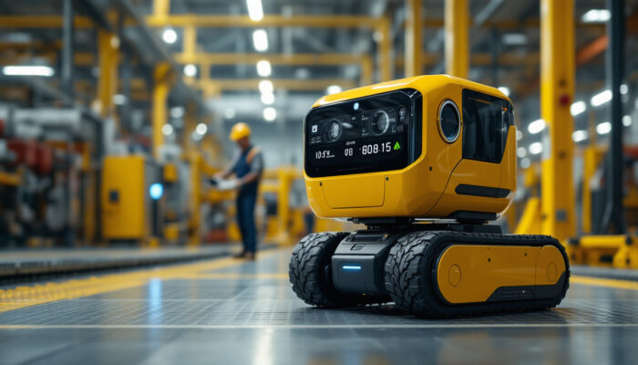 A photograph of capture a photograph of an automated mobile robot navigating through a modern industrial setting