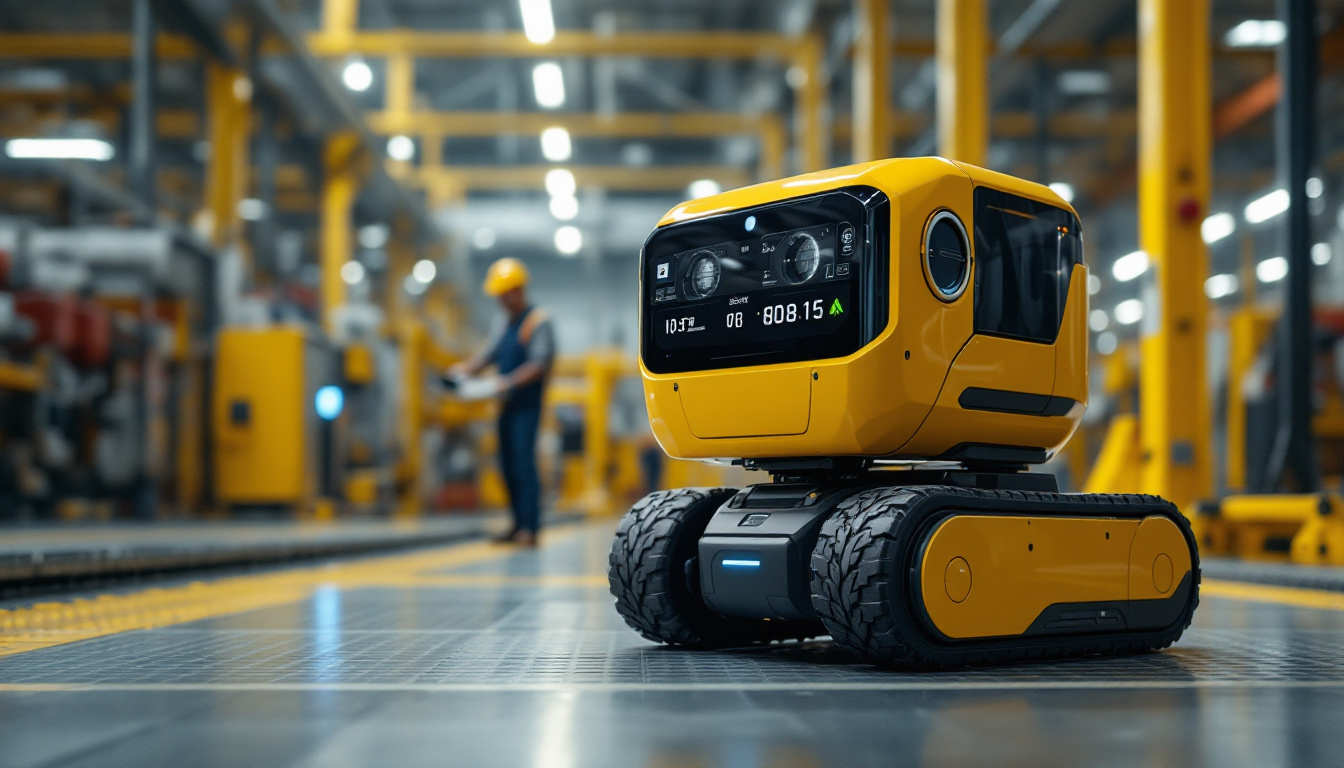 A photograph of capture a photograph of an automated mobile robot navigating through a modern industrial setting