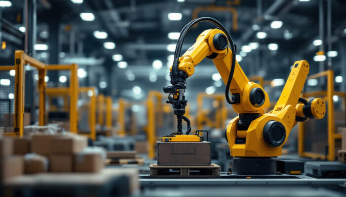 A photograph of a sleek industrial robotic arm in action