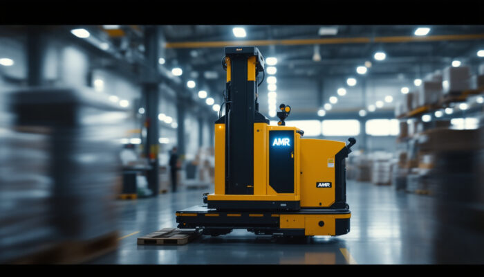 A photograph of capture a photograph of an amr pallet mover in action within an industrial setting