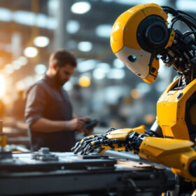 A photograph of a modern industrial robot in action on a factory floor