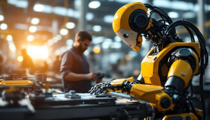 A photograph of a modern industrial robot in action on a factory floor