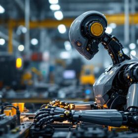 A photograph of a sleek industrial robot in action within a manufacturing environment