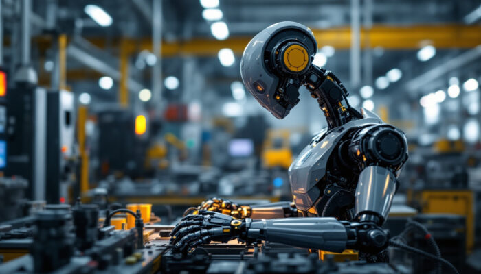 A photograph of a sleek industrial robot in action within a manufacturing environment