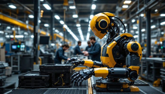 A photograph of a modern industrial robot in action on a factory floor