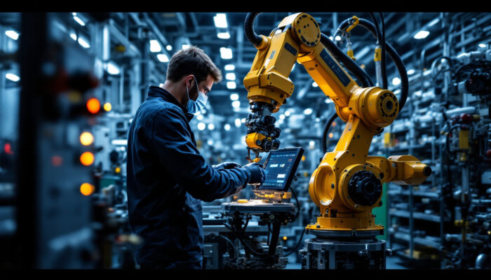 A photograph of a skilled technician operating an advanced industrial robotic arm in a high-tech aerospace manufacturing facility