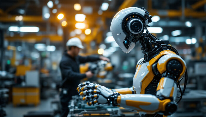 A photograph of a modern industrial robot in action