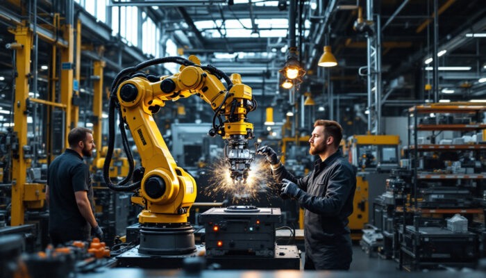 A photograph of a modern industrial workspace showcasing a robotic arm in action alongside human workers