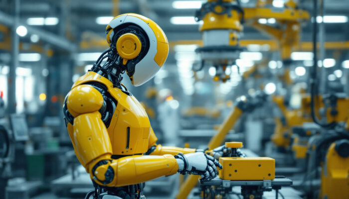 A photograph of a sleek industrial robot in action within a manufacturing environment