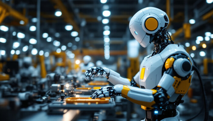 A photograph of a modern industrial robot in action on a factory floor