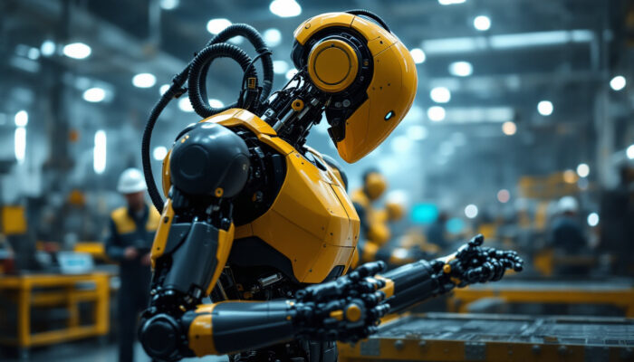A photograph of a modern industrial robot in action on a factory floor