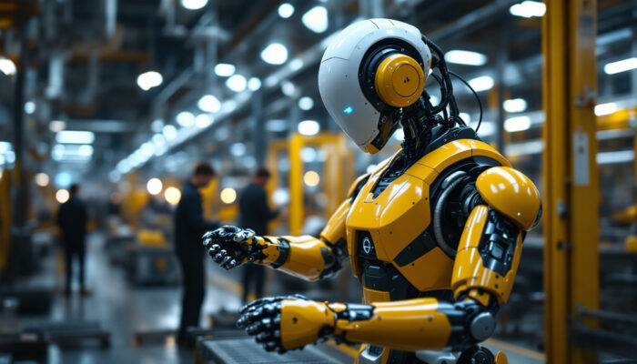 A photograph of a modern industrial robot in action on a factory floor