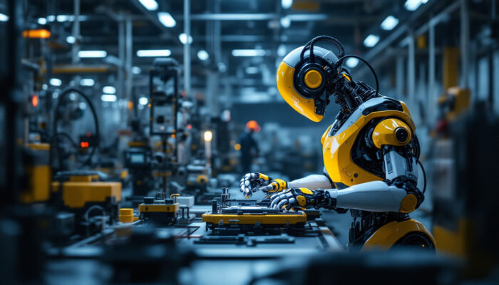 A photograph of a sleek assembly robot in action on a factory floor