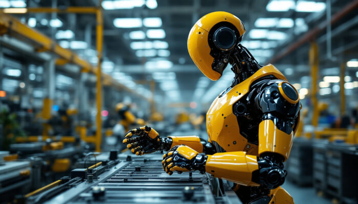 A photograph of a sleek industrial robot in action within a modern manufacturing environment