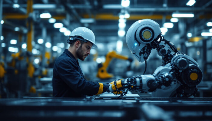 A photograph of a skilled technician working alongside an industrial robot in a modern manufacturing setting