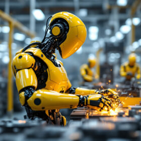 A photograph of a sleek industrial robot in action within a manufacturing facility