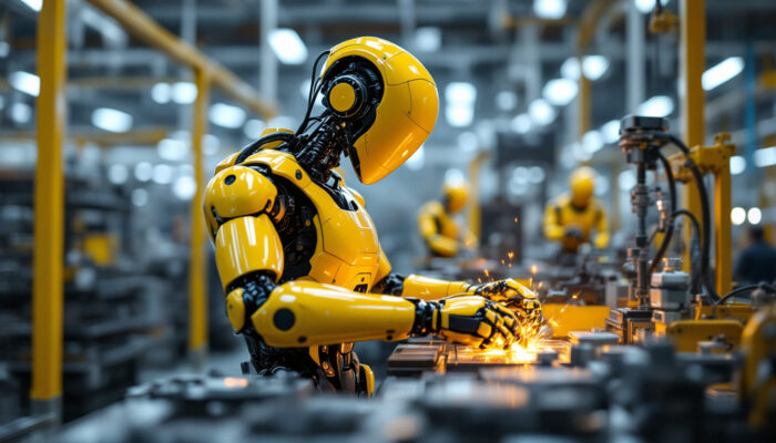 A photograph of a sleek industrial robot in action within a manufacturing facility