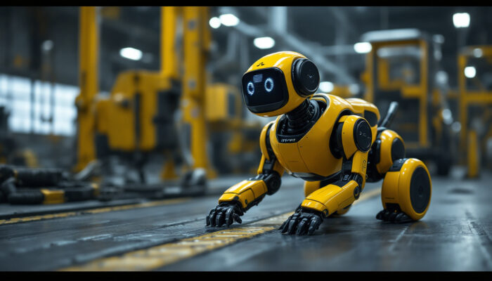 A photograph of capture a photograph of the spot the dog robot in an industrial setting