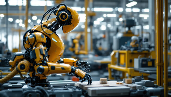 A photograph of a state-of-the-art industrial robot in action on a factory floor