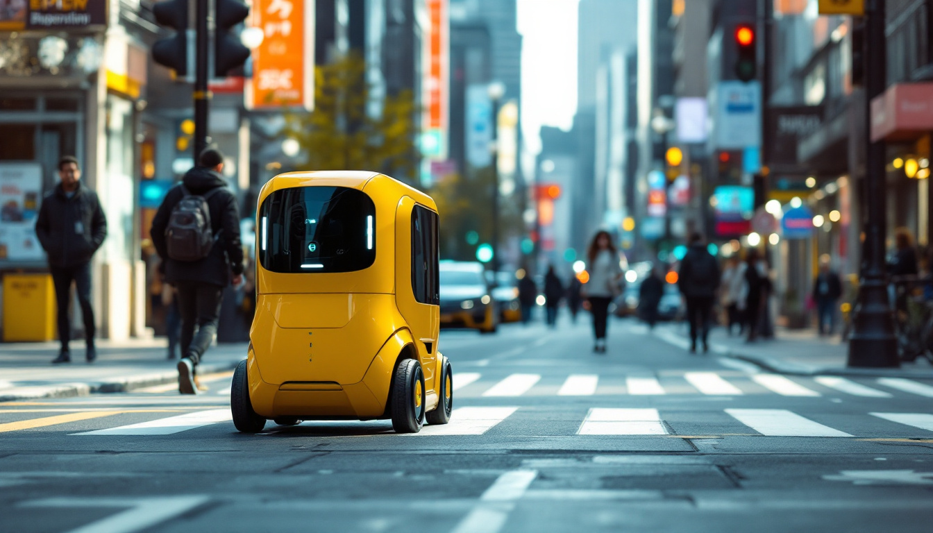 A photograph of a sleek delivery robot navigating a bustling urban environment