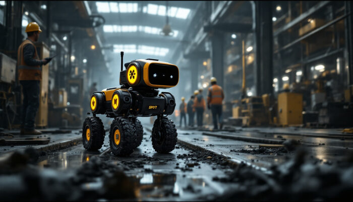 A photograph of capture a photograph of the spot dog robot in an industrial setting