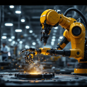 A photograph of a mir100 industrial robot in action within a modern manufacturing environment