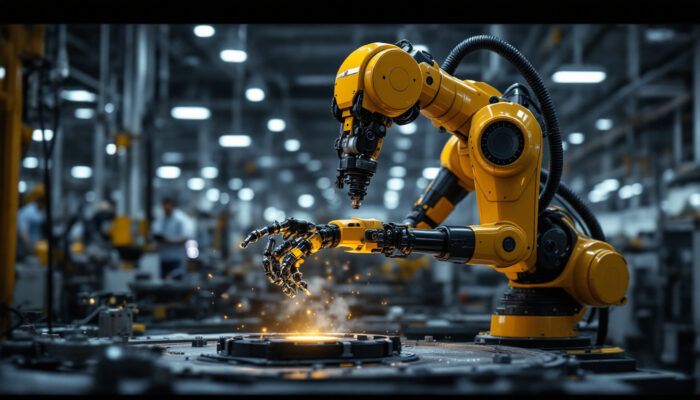 A photograph of a mir100 industrial robot in action within a modern manufacturing environment