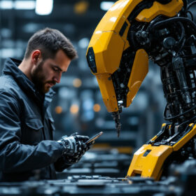 A photograph of a skilled automation engineer working alongside a sophisticated industrial robot in a modern manufacturing environment