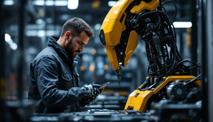 A photograph of a skilled automation engineer working alongside a sophisticated industrial robot in a modern manufacturing environment