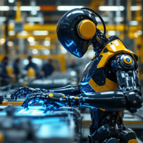 A photograph of a sleek industrial robot in action