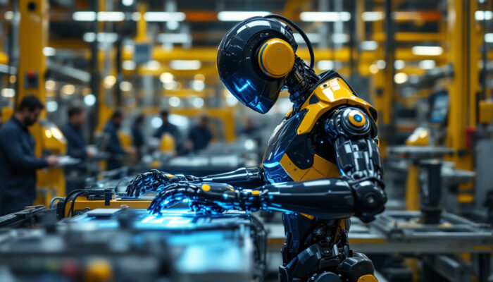 A photograph of a sleek industrial robot in action