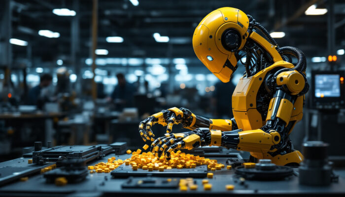 A photograph of a modern industrial robot in action