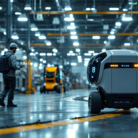 A photograph of a sleek delivery robot navigating an industrial environment