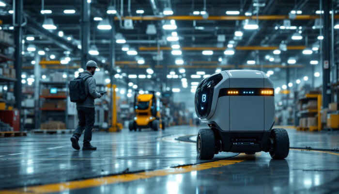 A photograph of a sleek delivery robot navigating an industrial environment