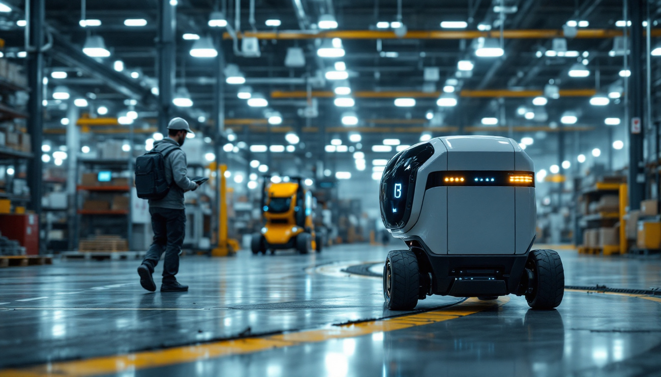 A photograph of a sleek delivery robot navigating an industrial environment