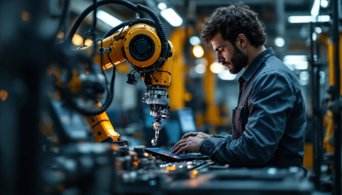 A photograph of a skilled technician programming or operating an industrial robot in a modern manufacturing facility