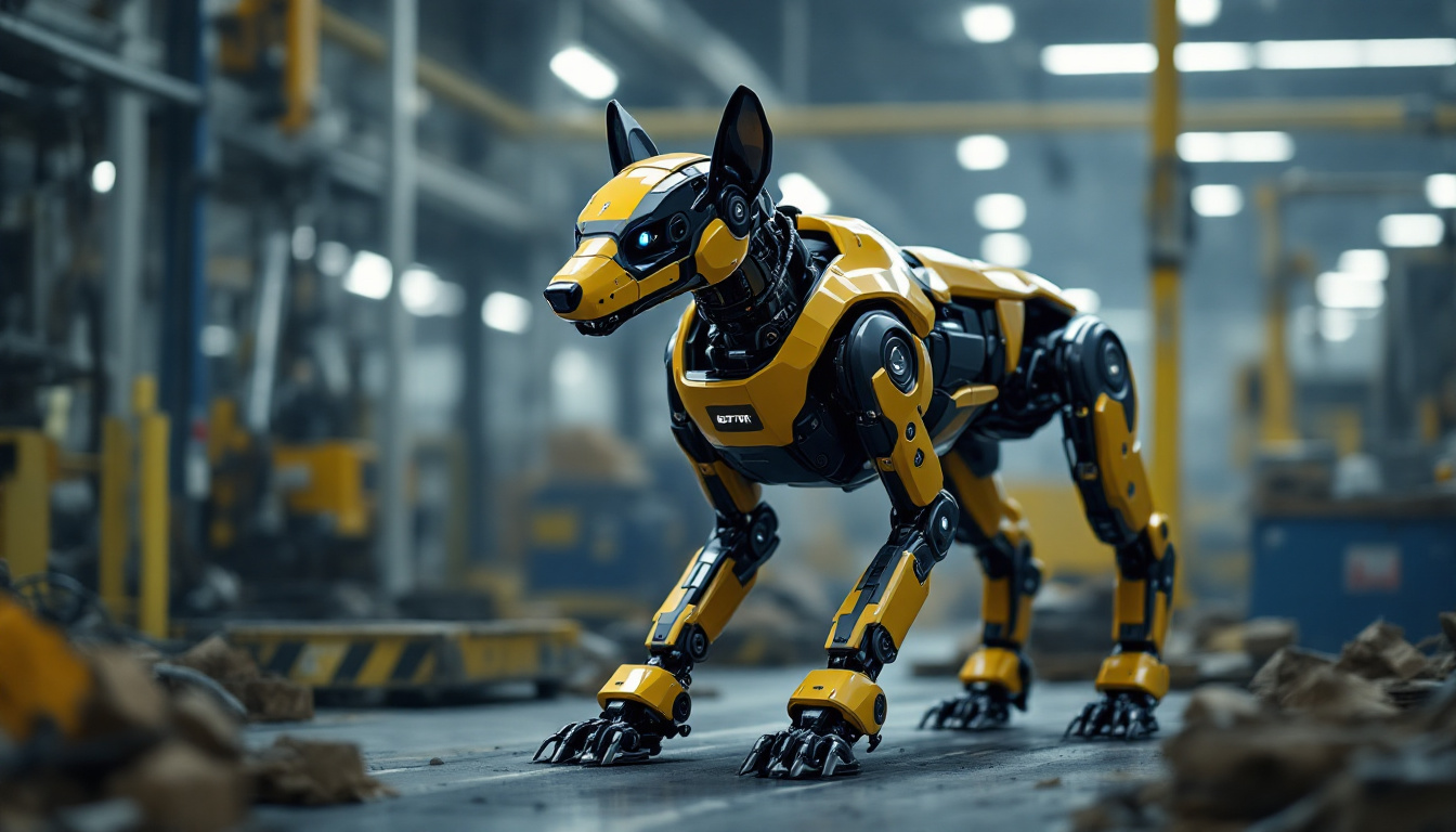 A photograph of capture a photograph of boston dynamics' robotic dog in an industrial setting