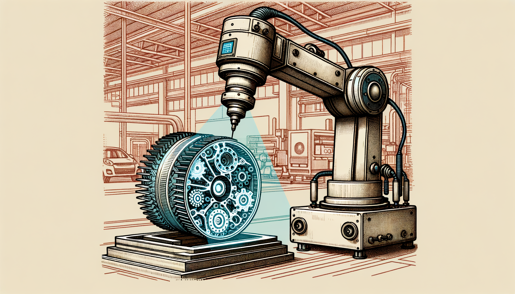 An x-ray inspection robot scanning a complex mechanical part