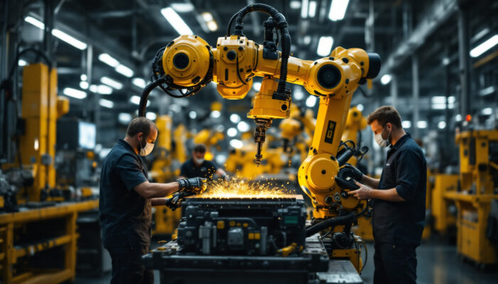 A photograph of a dynamic industrial robot in action