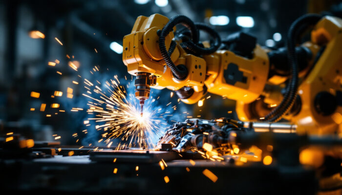 A photograph of a skilled industrial robot performing arc welding on a metal workpiece